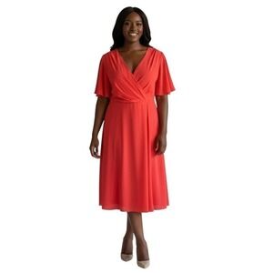 Lauren Ralph Lauren Red Faux Wrap Flutter Sleeve Plus Size Dress 20W Black Label